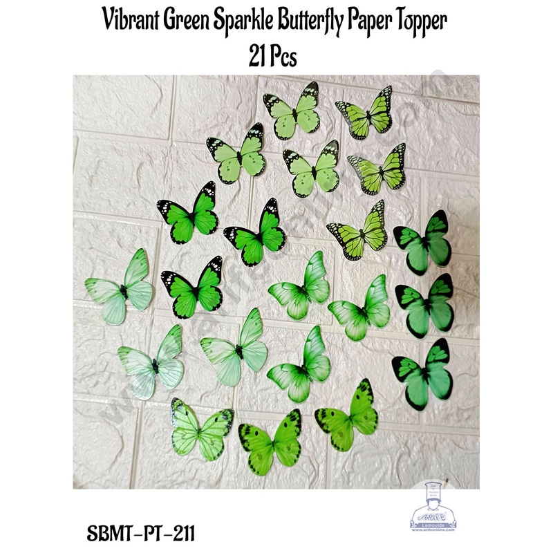 CAKE DECOR 21 Pcs Vibrant Green Sparkle Butterfly Paper Topper For Cake And Cupcake
