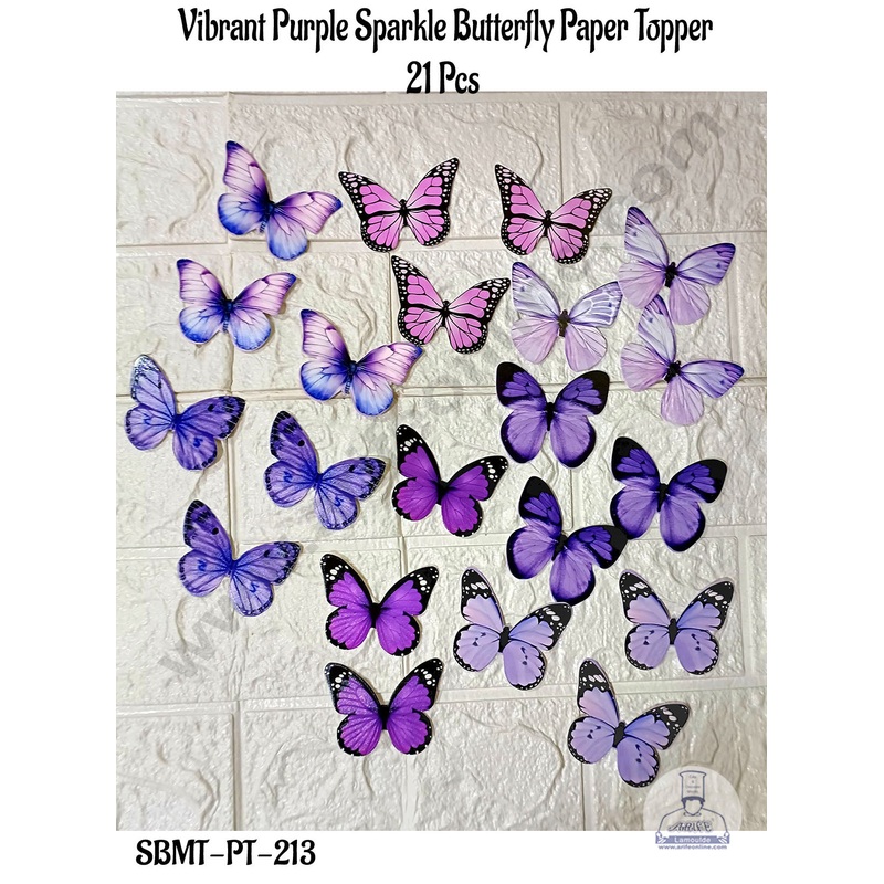 CAKE DECOR 21 Pcs Vibrant Purple Sparkle Butterfly Paper Topper For Cake And Cupcake