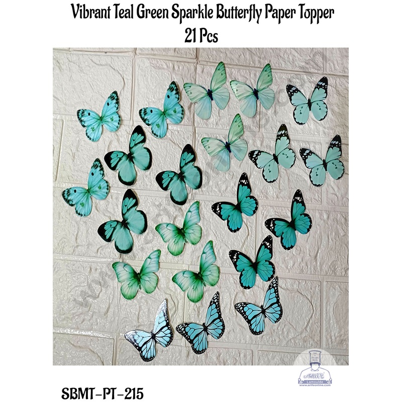 CAKE DECOR 21 Pcs Vibrant Teal Green Sparkle Butterfly Paper Topper For Cake And Cupcake