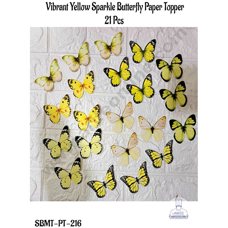 CAKE DECOR 21 Pcs Vibrant Yellow Sparkle Butterfly Paper Topper For Cake And Cupcake