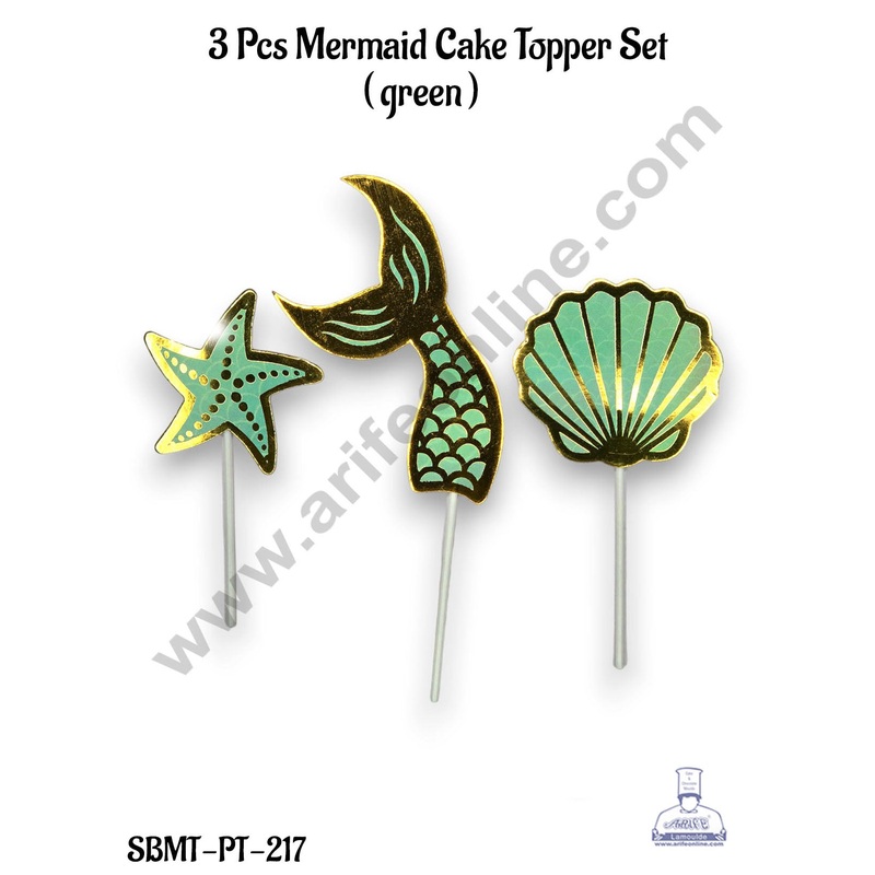 CAKE DECOR 3 Pcs Green Mermaid Cake Topper Paper Set