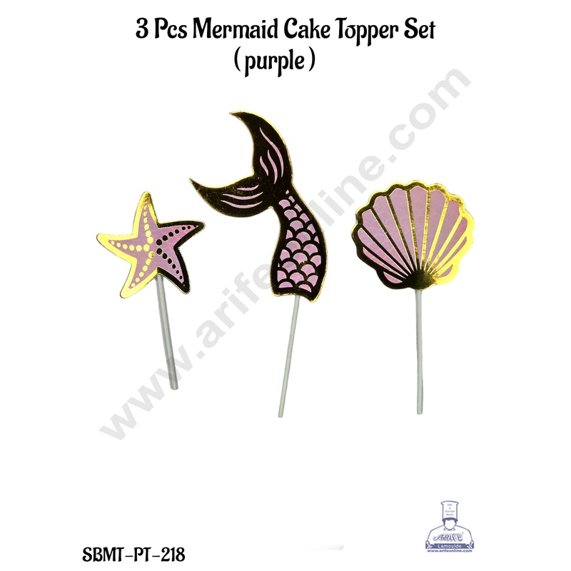 CAKE DECOR 3 Pcs Purple Mermaid Cake Topper Paper Set