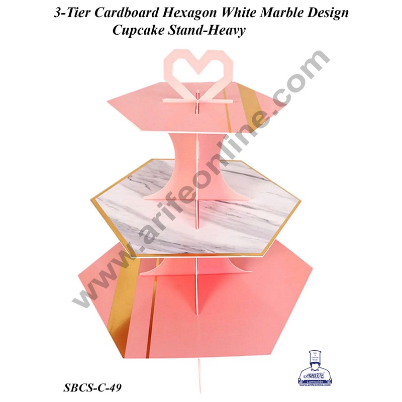 Cake Decor 3-Tier Cardboard Hexagon White Marble Design Cupcake Stand-Heavy