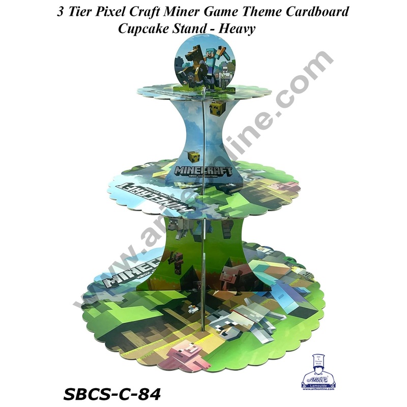 CAKE DECOR 3-Tier Pixel Craft Miner Game Cardboard Cupcake Stand - Heavy