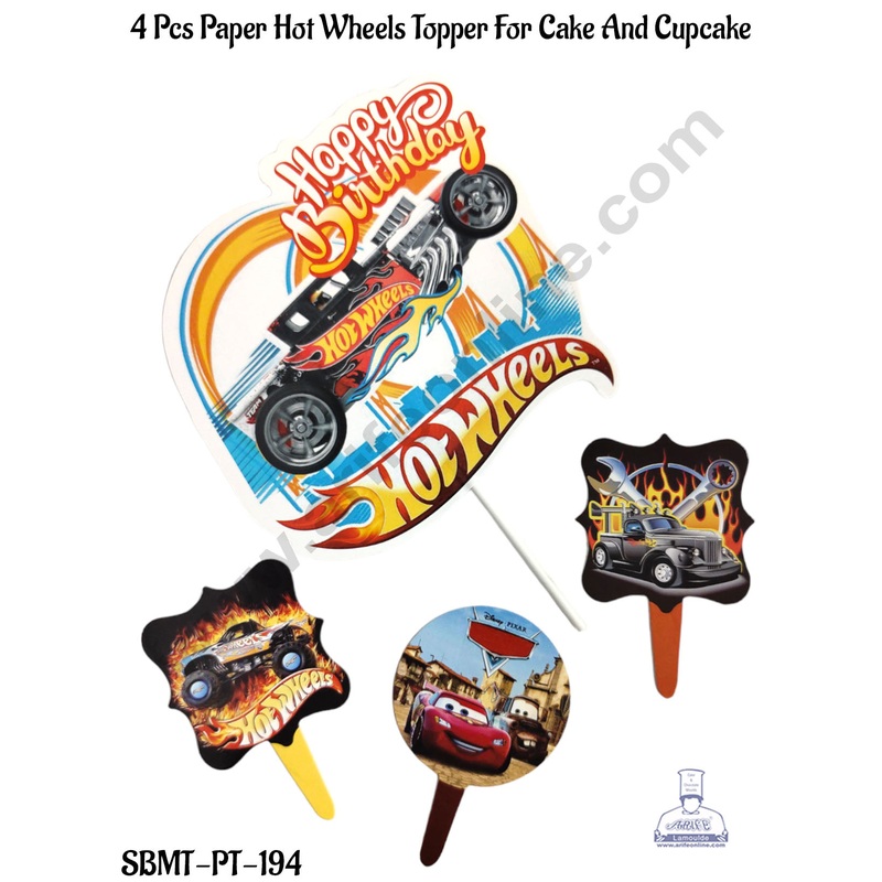 CAKE DECOR 4 Pcs Paper Hot Wheels Topper For Cake And Cupcake
