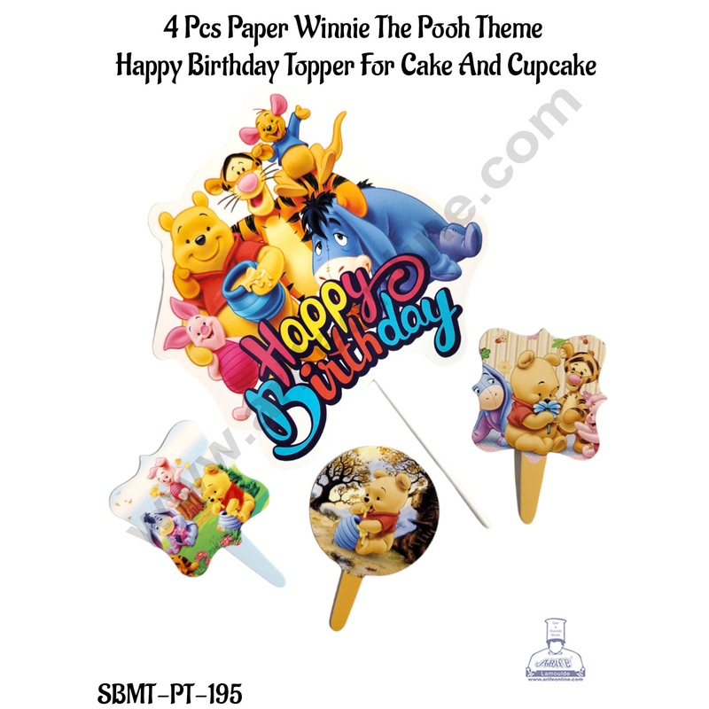 CAKE DECOR 4 Pcs Paper Winnie The Pooh Theme Happy Birthday Topper For Cake And Cupcake