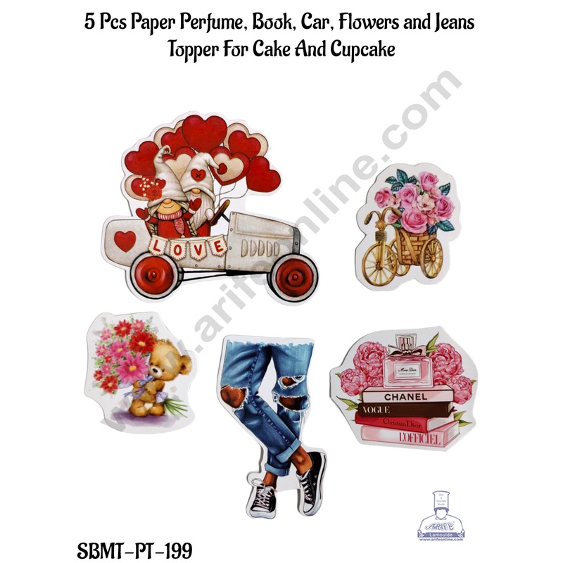 CAKE DECOR 5 Pcs Paper Perfume, Book, Car, Flowers And Jeans Topper For Cake And Cupcake