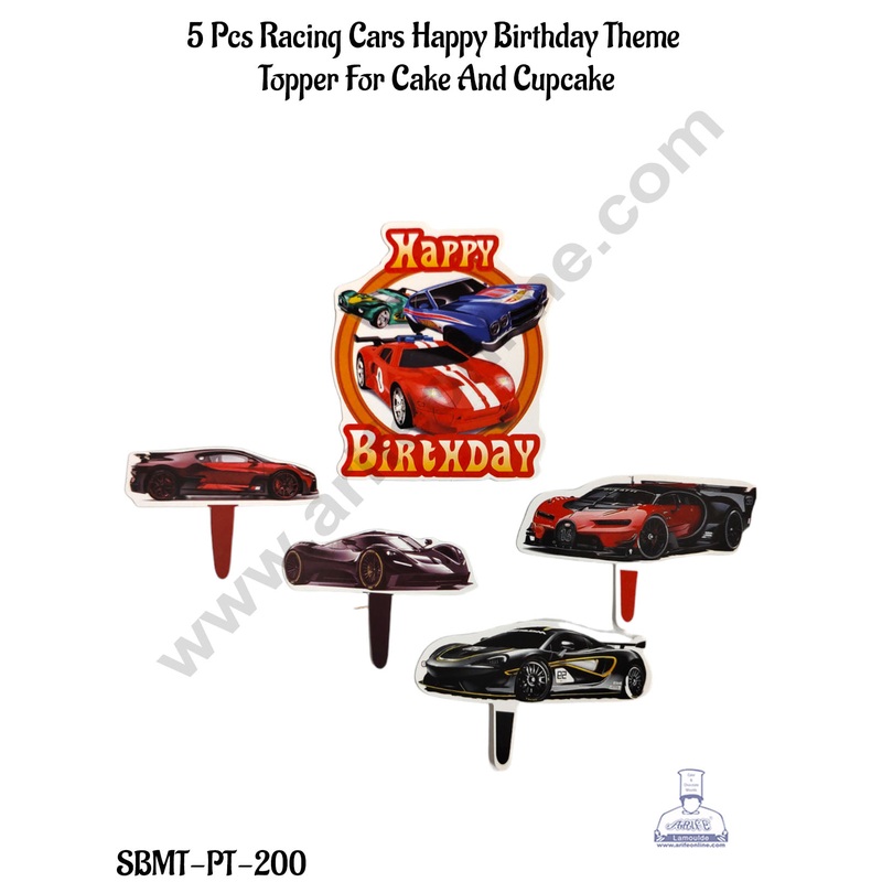 CAKE DECOR 5 Pcs Paper Racing Cars Happy Birthday Theme Topper For Cake And Cupcake