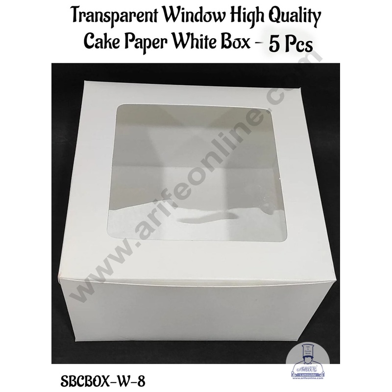 CAKE DECOR 5 Pcs Transparent Window High Quality Cake Paper White  Box  - 8 Inch