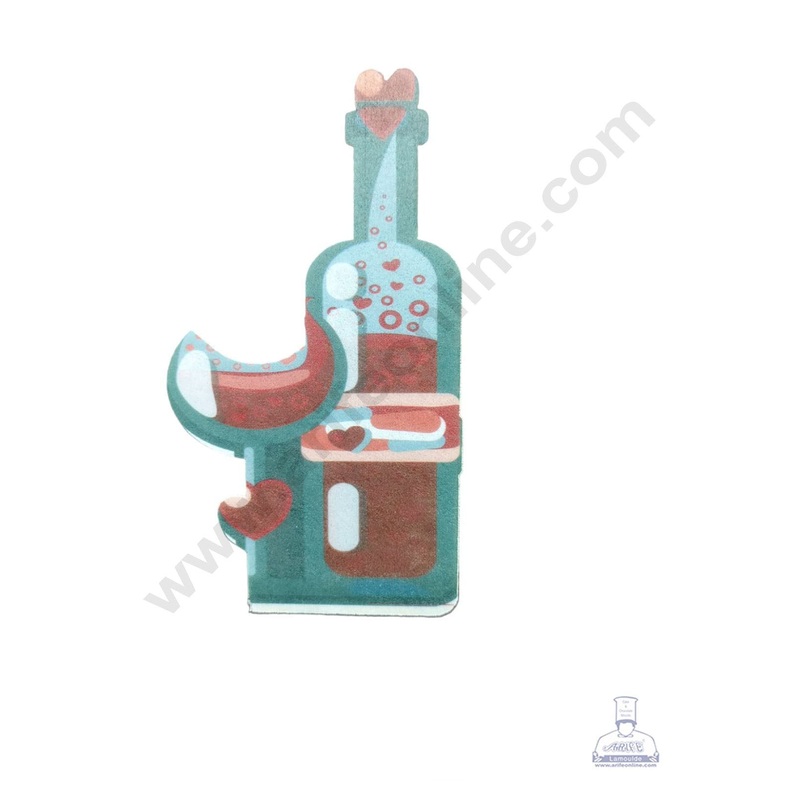 CAKE DECOR Edible Theme Topper Pre Cut Wafer Paper High Quality -  Wine Bottle WIth Glass - ( 1 pc Pack ) SB-WPC-3117