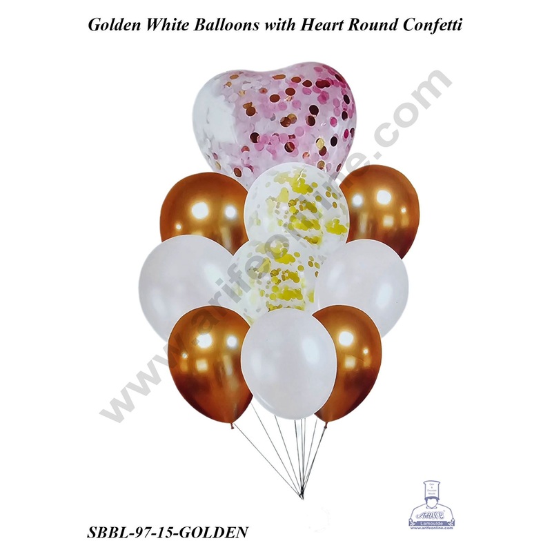 Cake Decor Golden White Balloons wit Heart Round Confetti Balloons Set ( Pack of 10 Pcs )