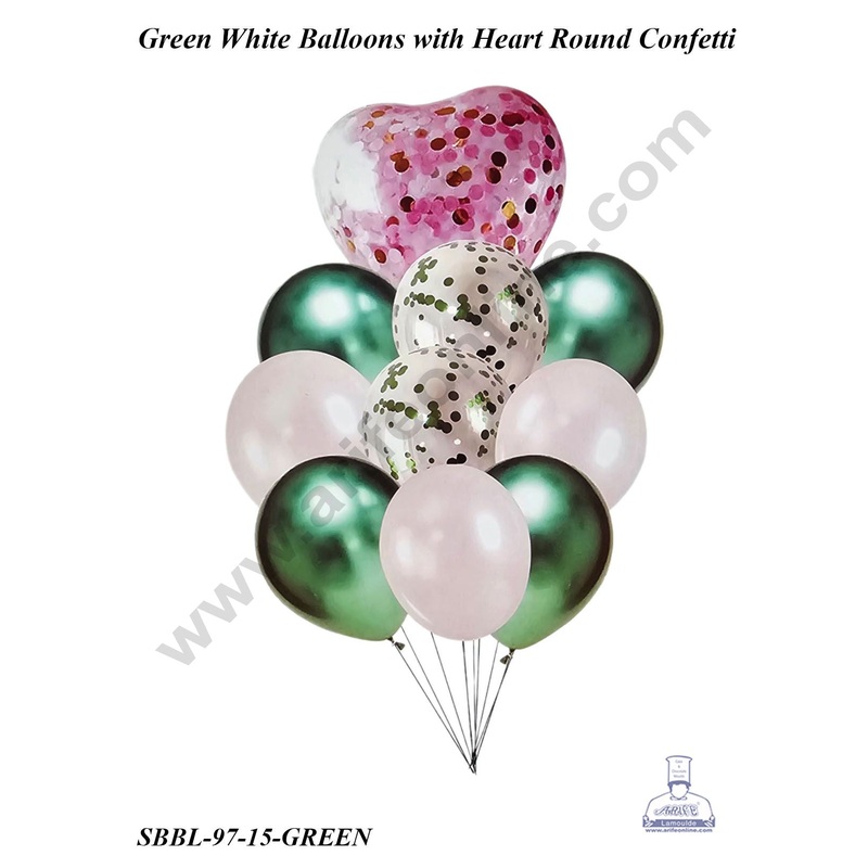 Cake Decor Green White Balloons wit Heart Round Confetti Balloons Set ( Pack of 10 Pcs )
