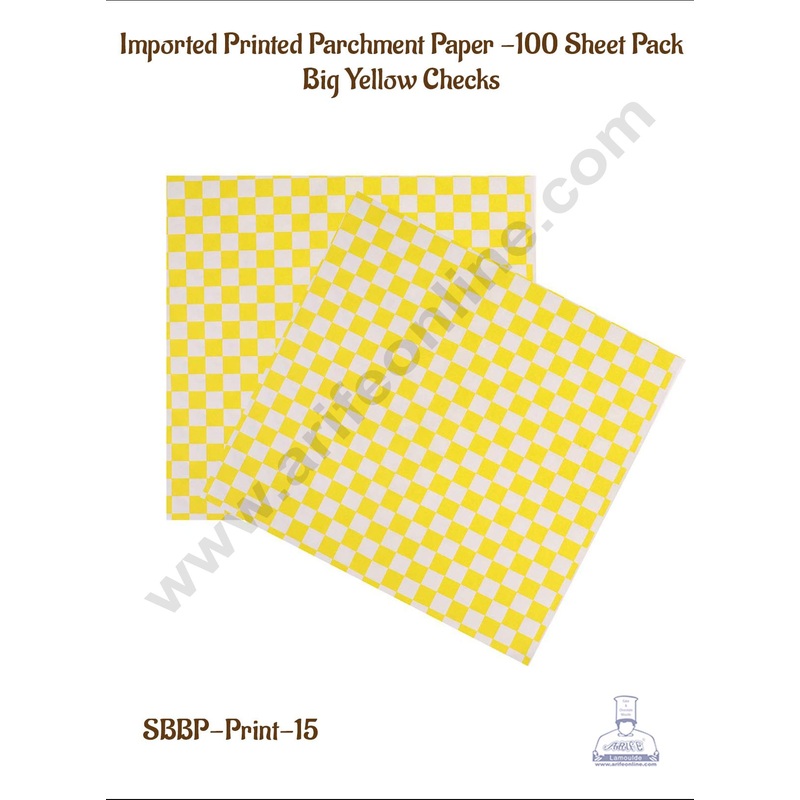 CAKE DECOR Imported Printed Parchment Paper | Bento Box Liner | Grease Proof Paper | Wrap Paper -Big Yellow Checks Print /Plaid Print (100 Sheets)