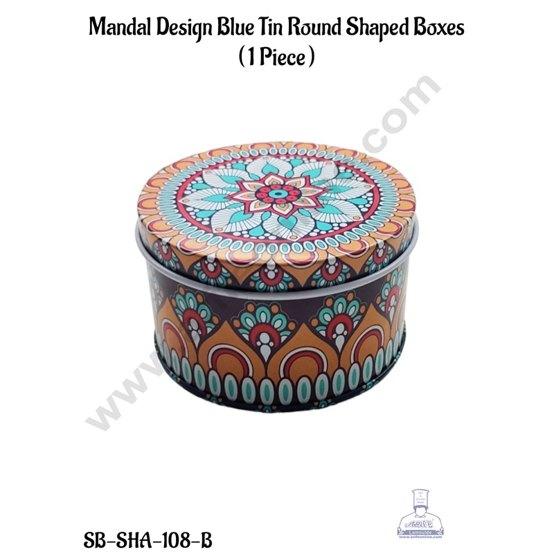 CAKE DECOR Mandal Design Blue Tin Round Shaped Boxes  - 1 Piece  | Gift Box | Chocolate Box | Jewellery Box