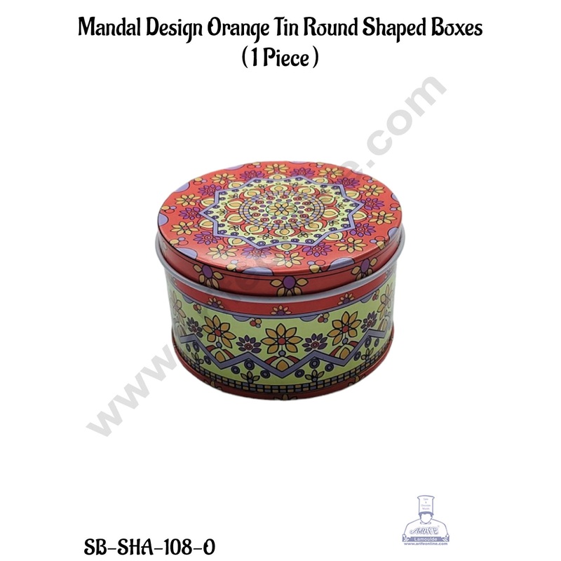 CAKE DECOR Mandal Design Orange Tin Round Shaped Boxes  - 1 Piece  | Gift Box | Chocolate Box | Jewellery Box