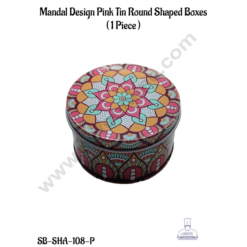 CAKE DECOR Mandal Design Pink Tin Round Shaped Boxes  - 1 Piece  | Gift Box | Chocolate Box | Jewellery Box