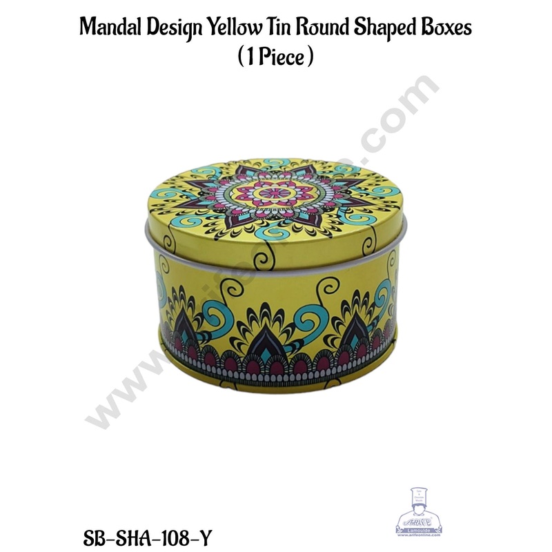 CAKE DECOR Mandal Design Yellow Tin Round Shaped Boxes  - 1 Piece  | Gift Box | Chocolate Box | Jewellery Box