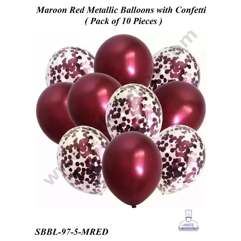 Cake Decor Maroon Red Metallic Balloons with Confetti Balloons Set ( Pack of 10 Pcs )