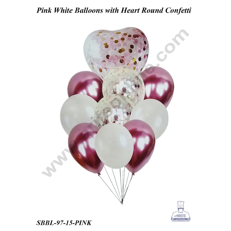 Cake Decor Pink White Balloons wit Heart Round Confetti Balloons Set ( Pack of 10 Pcs )