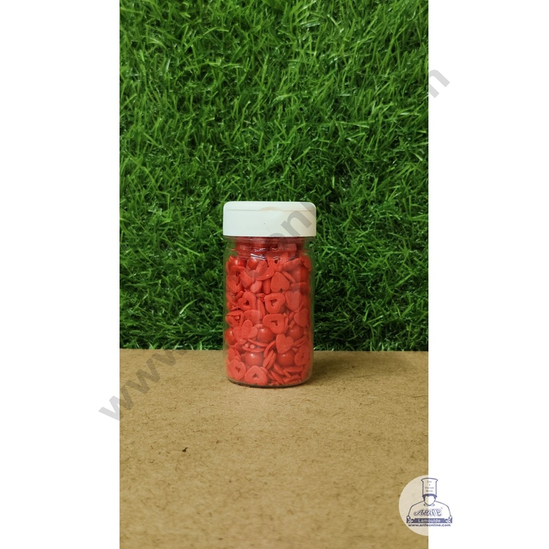 Cake Decor Sugar Candy - Fancy Sprinkles Red Vermicelli Red Ball and Heart Confetti Valentine - 50 GM