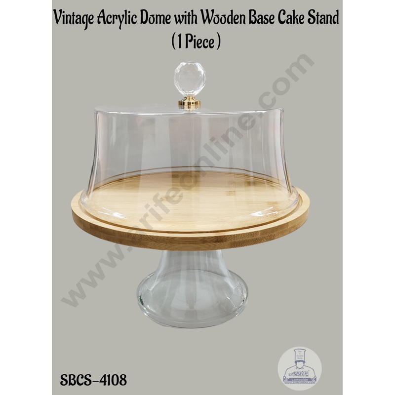 CAKE DECOR Vintage Acrylic Dome with Wooden Base Cake Stand - 1 Piece