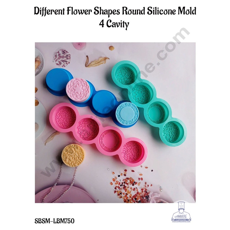 CAKE DECOR 4 Cavity Different Flower Shapes Round Silicone Mold | Soap Mold.