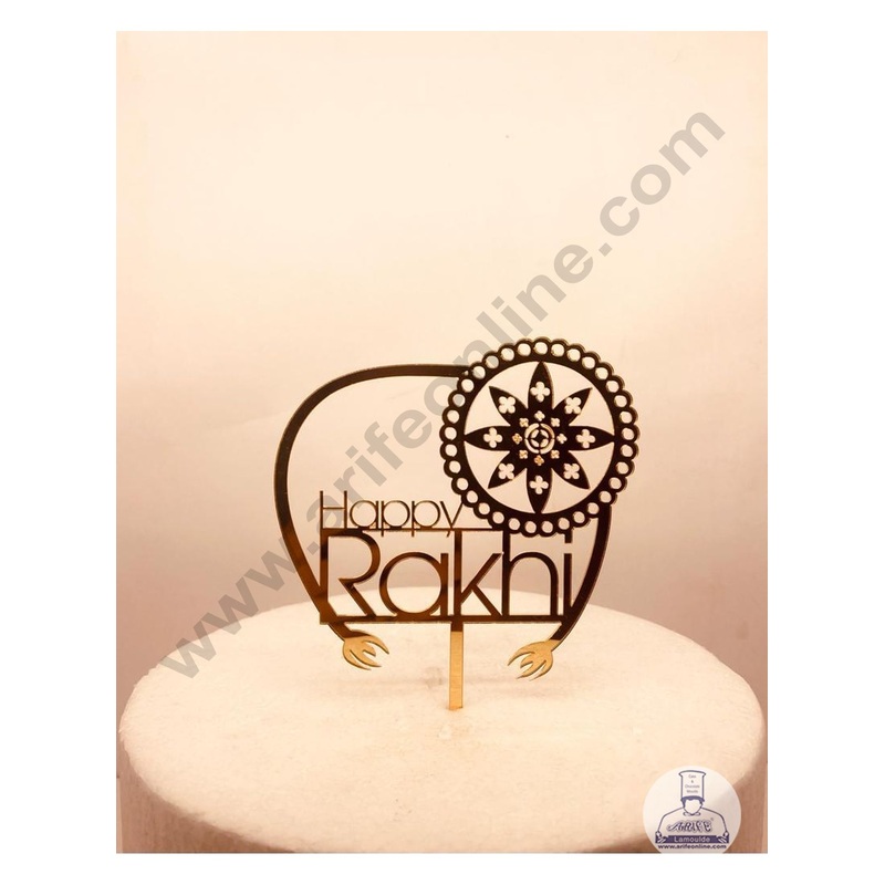 CAKE DECOR 5 inch Mirror Finshing Acrylic Cake Topper Happy Raksha Bandhan  Rakhi With Traditional Flower (SBMT-Rakhi-05)