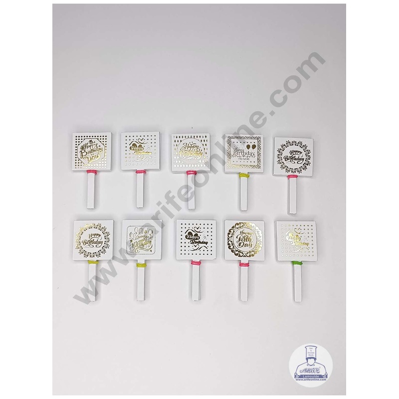 CAKE DECOR 50 pcs White Color Square Shape Birthday Tag with Foiling Paper Topper For Cake And Cupcake