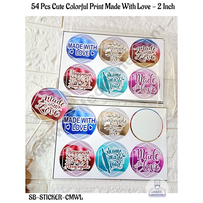 CAKE DECOR  54 Pcs Cute Colorful Print Made With Love | Home Made Sticker - 2 Inch