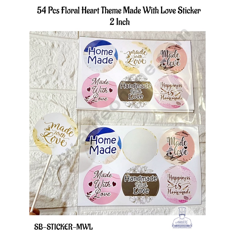 CAKE DECOR  54 Pcs Floral Heart Theme Made With Love Sticker - 2 Inch