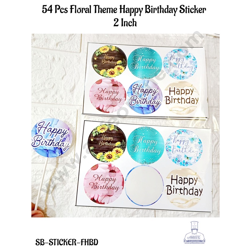 CAKE DECOR  54 Pcs Floral Theme Happy Birthday Sticker - 2 Inch