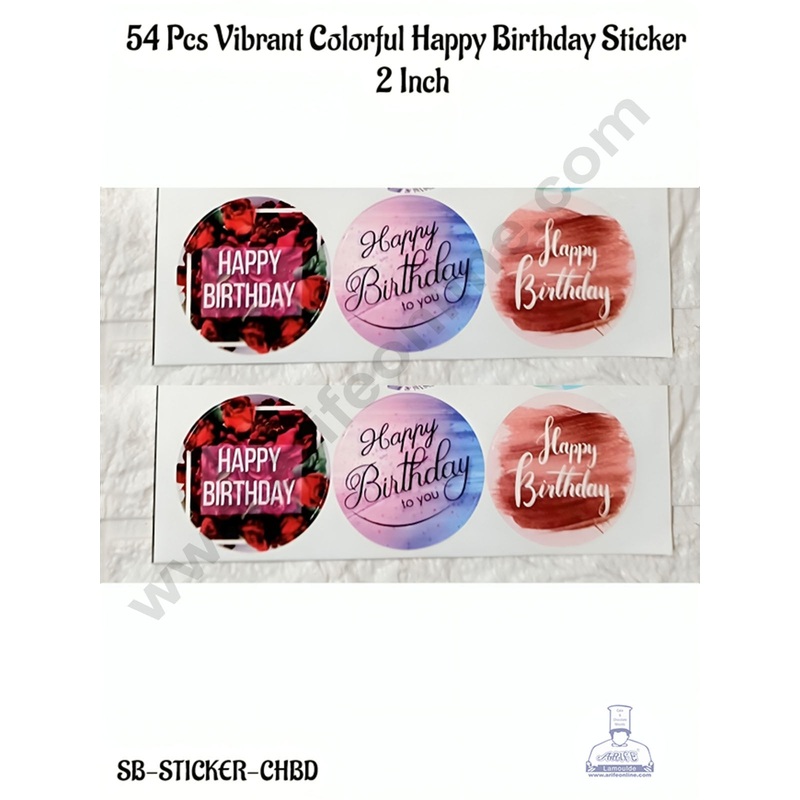 CAKE DECOR  54 Pcs Vibrant Colorful Happy Birthday Sticker - 2 Inch