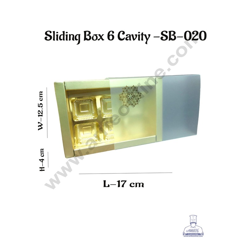 CAKE DECOR 6 Cavity Chocolate Box with Sliding Cover & Cavity ( 10 Piece Pack ) - Gold