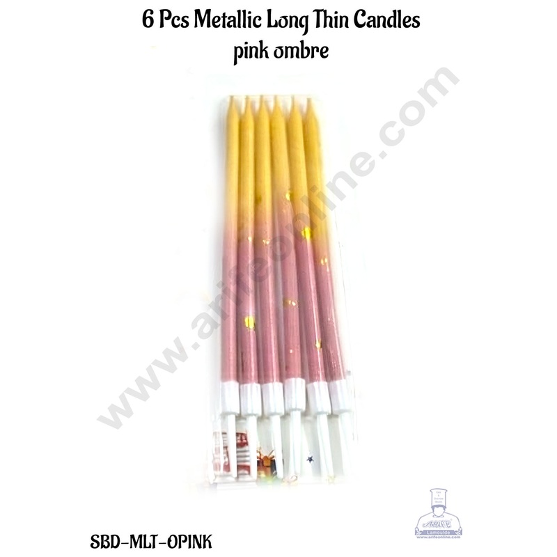 CAKE DECOR 6 Pcs Ombre Pink Metallic Long Thin Candle for Cake and Cupcake Decorations