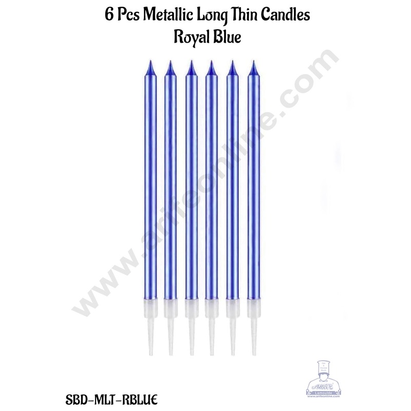 CAKE DECOR 6 Pcs Royal Blue Metallic Long Thin Candle for Cake and Cupcake Decorations