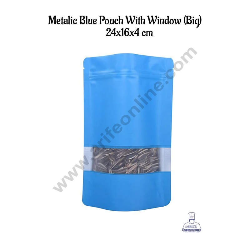 Cake Decor Big Metallic Blue Aluminum Foil Zipper With Window Pouch (Pack of 10 Pcs)