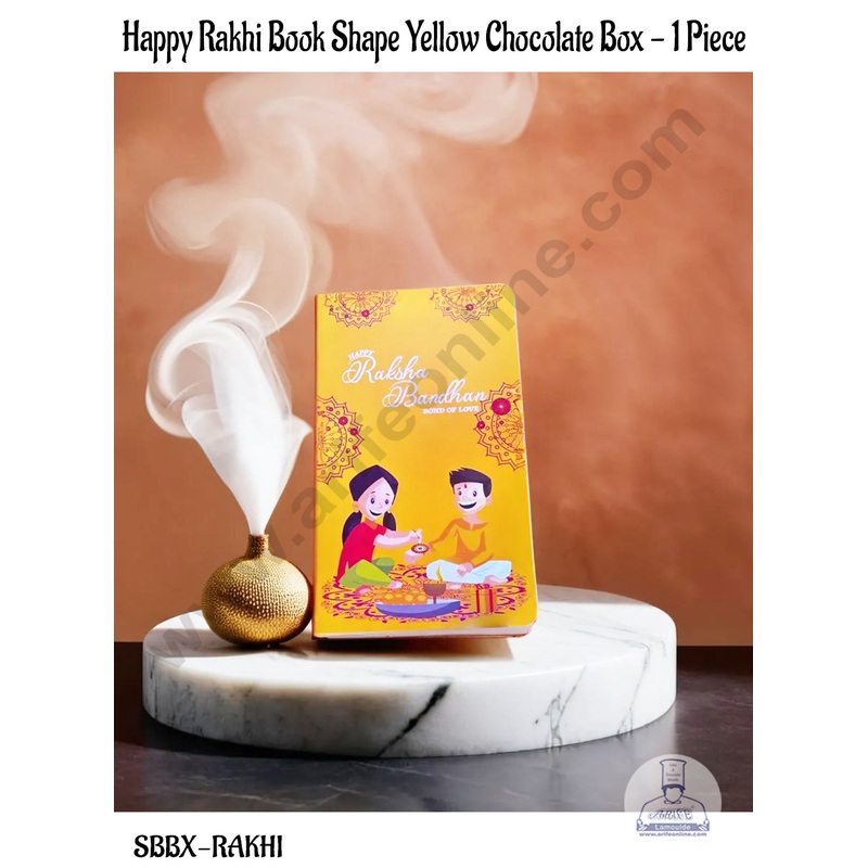 CAKE DECOR Happy Rakhi Book Shape Yellow Chocolate Box -1 Piece (SBBX-RAKHI-10)