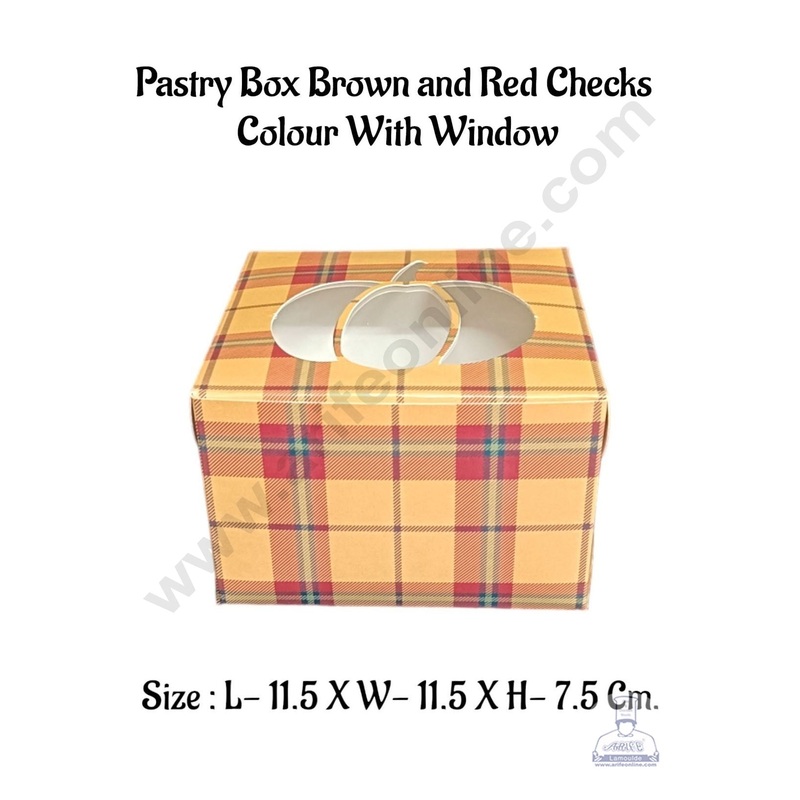 CAKE DECOR Pastry Box Brown and Red Checks  Colour With Window (Pack of 10 Pcs)