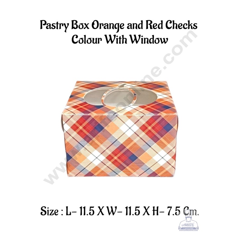 CAKE DECOR Pastry Box Orange And Red Checks  Colour With Window (Pack of 10 Pcs)