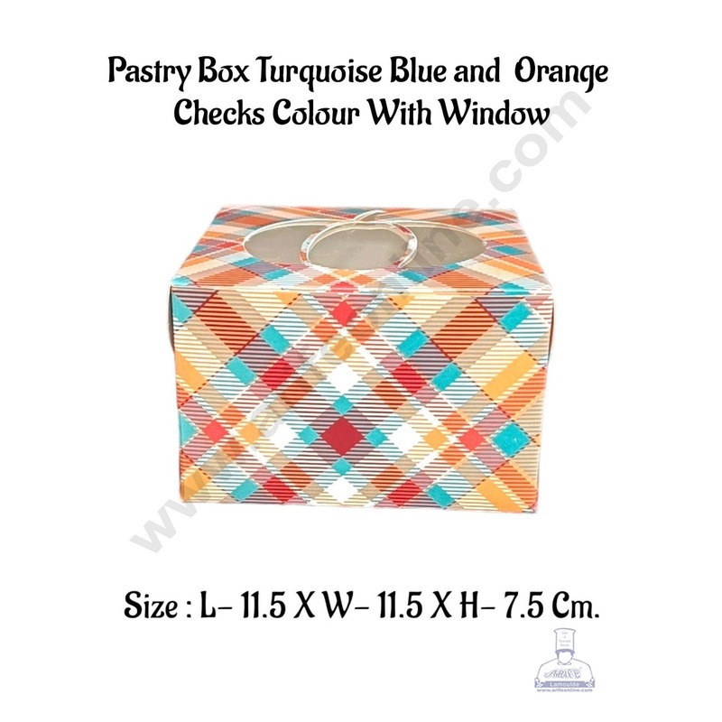 CAKE DECOR Pastry Box Turquoise Blue And Orange Checks  Colour With Window (Pack of 10 Pcs)