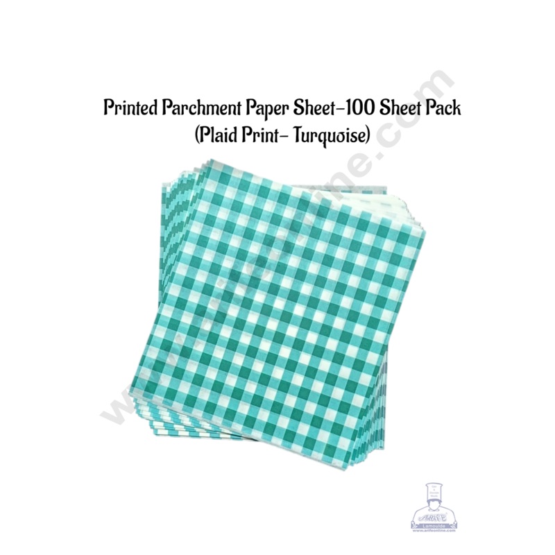 CAKE DECOR Printed Parchment Paper | Bento Box Liner | Grease Proof Paper | Wrap Paper - Turquoise Checks/Plaid Print (100 Sheets)