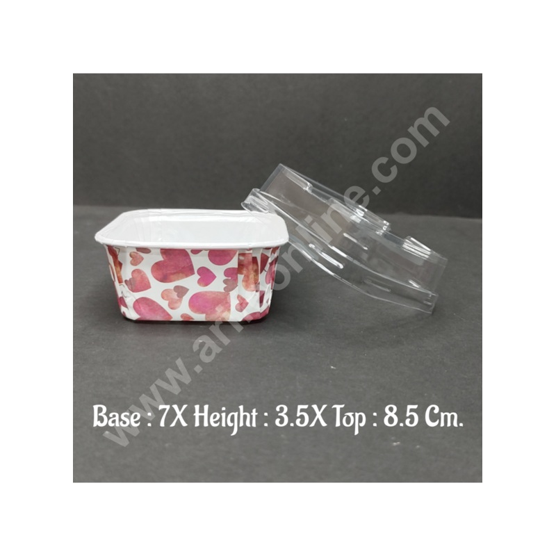 Cake Decor Red Heart Design Square Direct Bakeable  Cups With Lid  Plastic Coating Bake and Serve Disposable Mould 50 Pcs