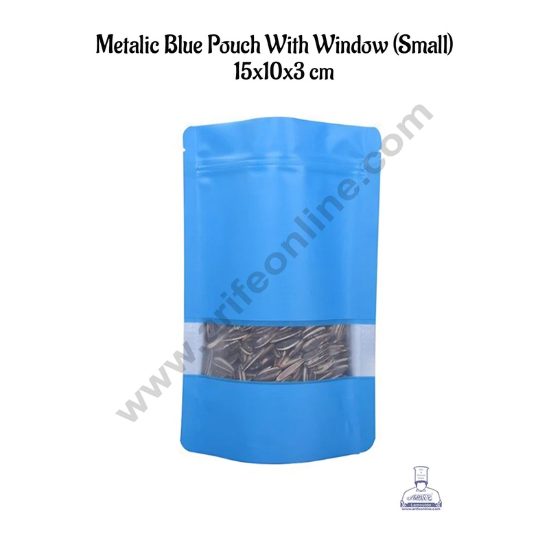 Cake Decor Small Metallic Blue Aluminum Foil Zipper With Window Pouch (Pack of 10 Pcs)
