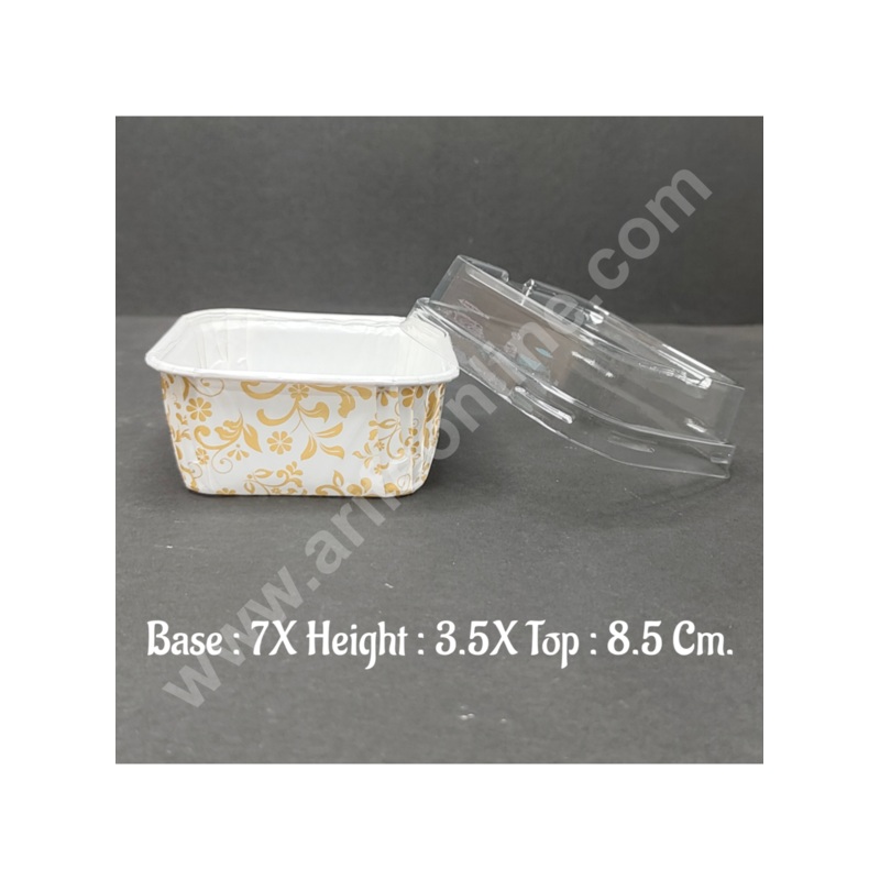 Cake Decor White Golden Leaf Design  Square Direct Bakeable  Cups With Lid  Plastic Coating Bake and Serve Disposable Mould 50 Pcs