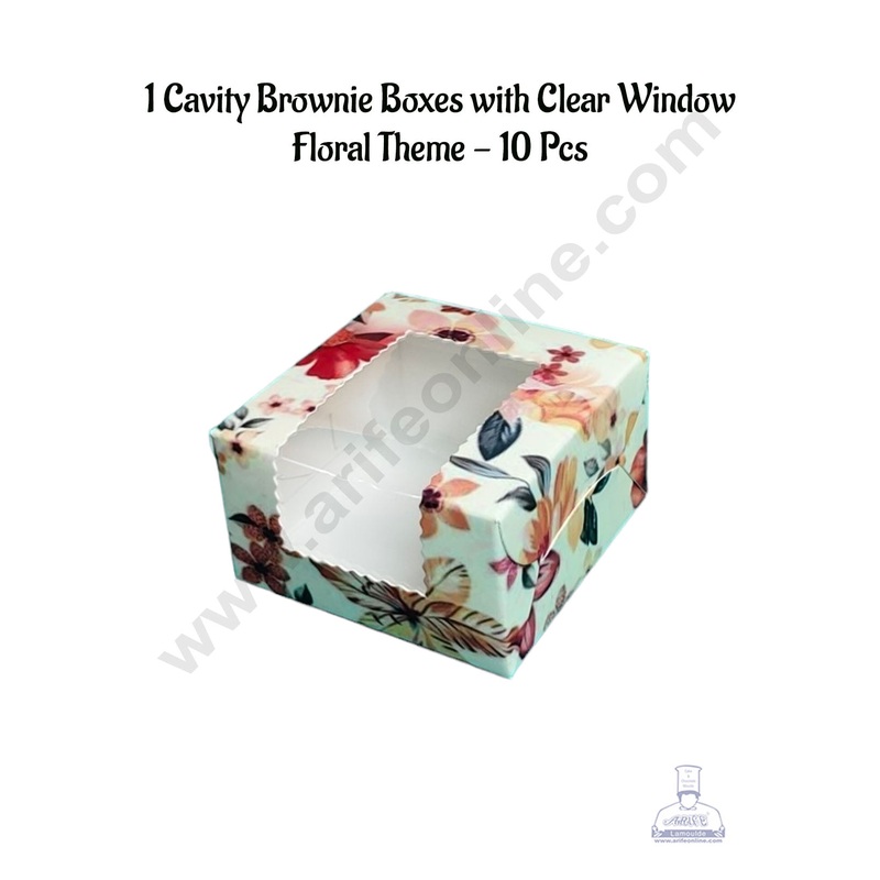 CAKE DECOR 1 Cavity Brownie Boxes with Clear Window Floral Theme | Brownie Carriers - 10 Pcs Pack