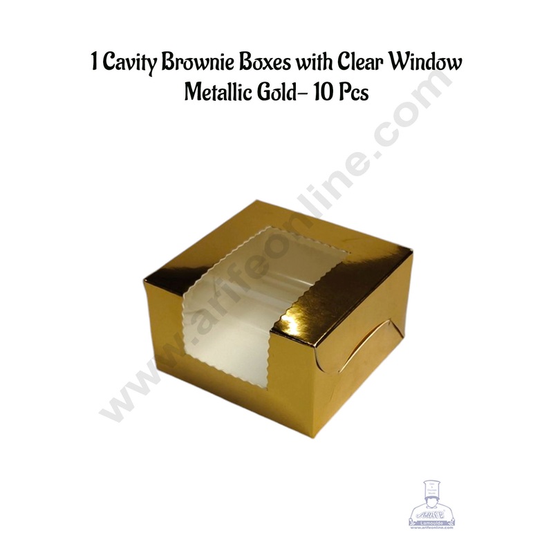 CAKE DECOR 1 Cavity Brownie Boxes with Clear Window Metallic Gold | Brownie Carriers - 10 Pcs Pack