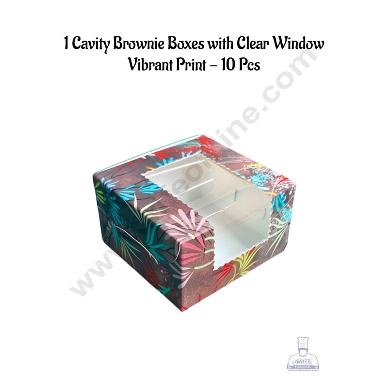 CAKE DECOR 1 Cavity Brownie Boxes with Clear Window Vibrant Print| Brownie Carriers - 10 Pcs Pack
