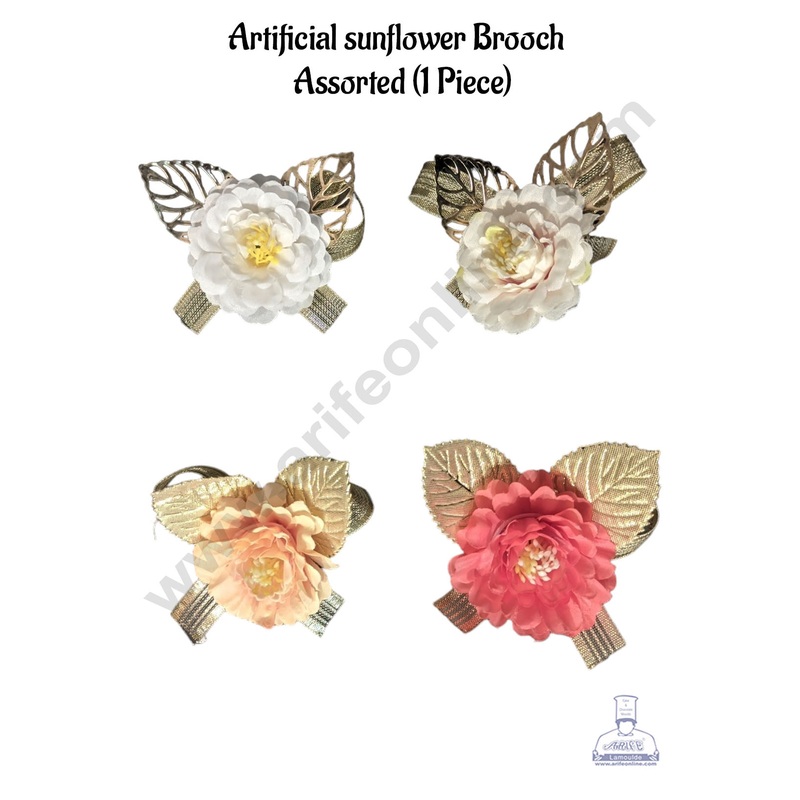 CAKE DECOR 1 piece Artificial Sunflower Brooch - Assorted | Innovative Hampers & Gifting - Sunflower With Gold Ribbon and Leaves