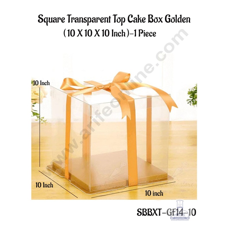 CAKE DECOR 1 Piece Transparent Lid  Square Cake Box With Golden Base  | Gift Box | Hamper Box | Pinata Box - (10 X 10 X 10 Inch)