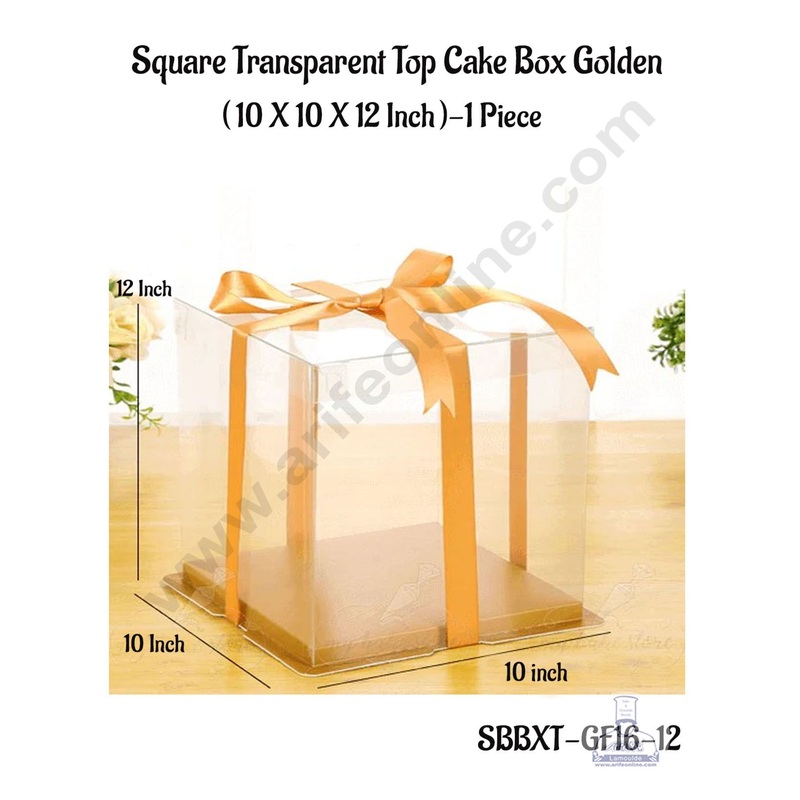 CAKE DECOR 1 Piece Transparent Lid  Square Cake Box With Golden Base  | Gift Box | Hamper Box | Pinata Box - (10 X 10 X 12 Inch)